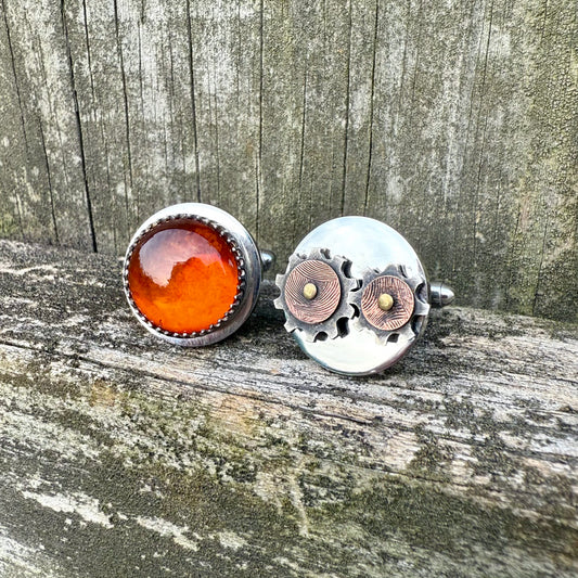 Asymmetrical Amber and Gears Cufflinks