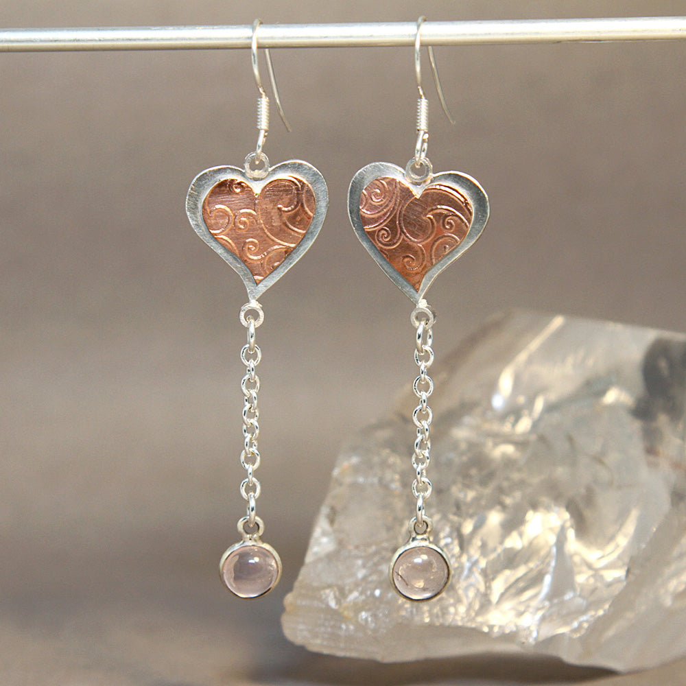 Whimsical Heart Rose Quartz Mixed Metals Earrings