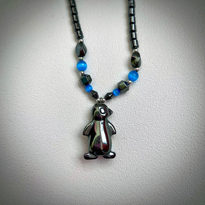 Hematite Penguin Pendant Sky Blue Cats Eye Necklace CJ-006