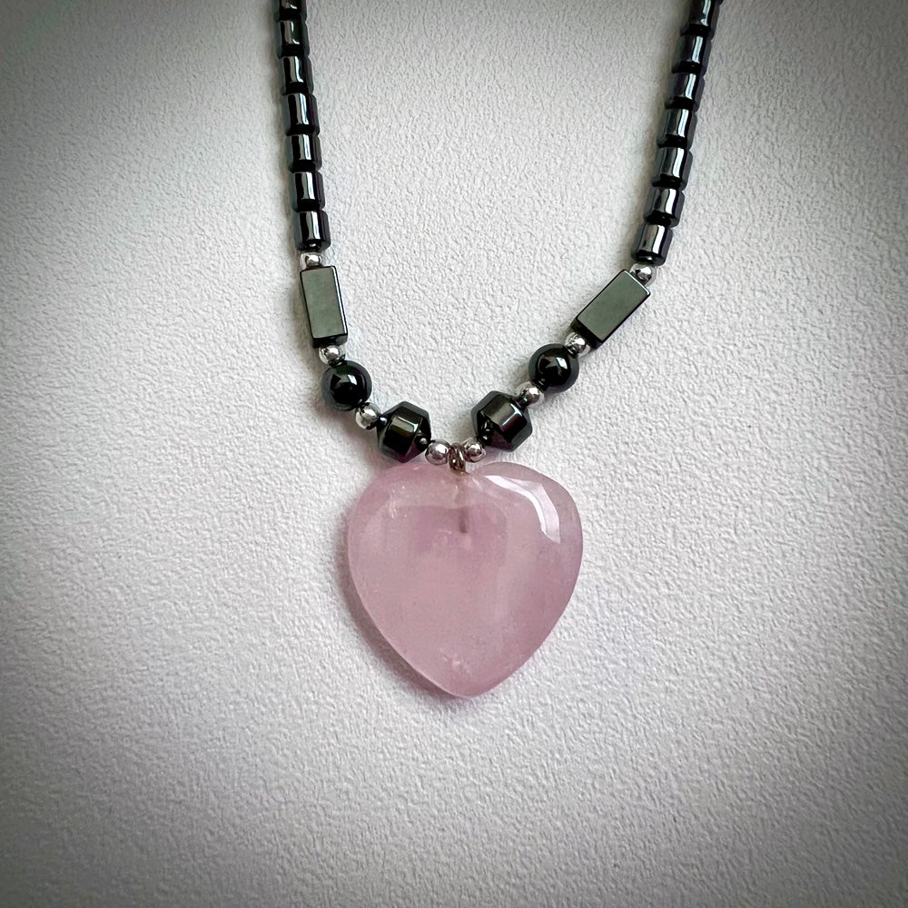 Hematite Rose Quartz Heart Pendant Necklace CJ-007