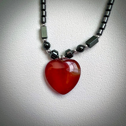 Hematite Carnelian Heart Pendant Necklace CJ-008