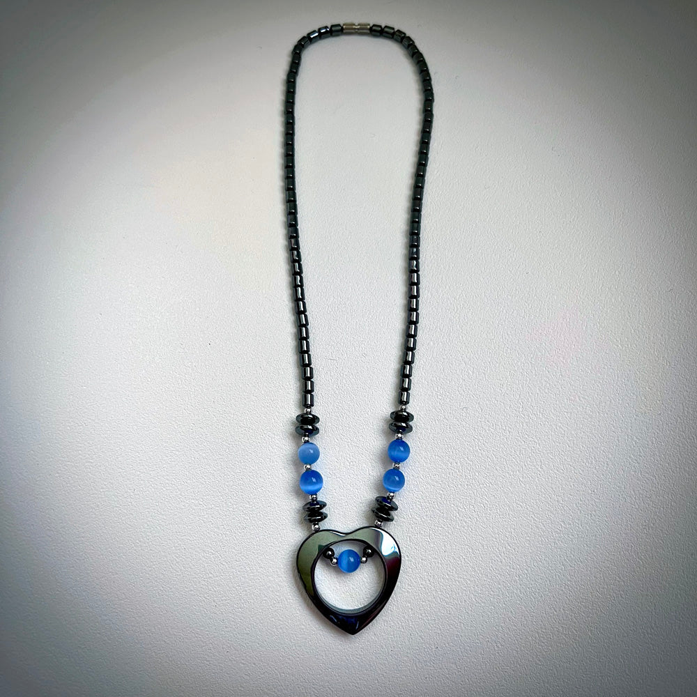 Hematite Open Heart Pendant Blue Cats Eye Necklace CJ-011