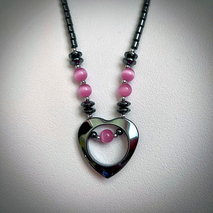 Hematite Open Heart Pendant Pink Cats Eye Necklace CJ-012