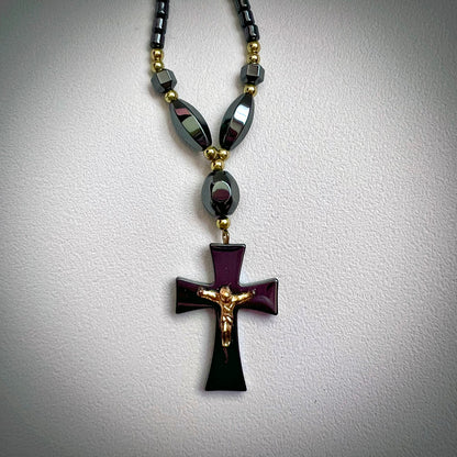 Hematite Jesus Cross Pendant Necklace CJ-021