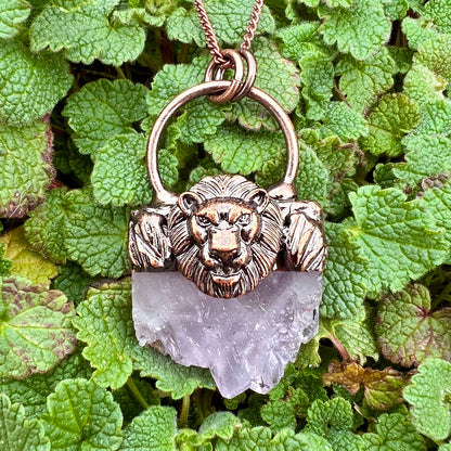 Majestic Lion Amethyst Druzy Slice Antiqued Copper Pendant Necklace EP-004-B