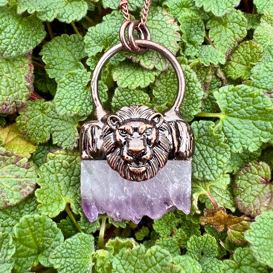 Majestic Lion Amethyst Druzy Slice Antiqued Copper Pendant Necklace EP-004-C