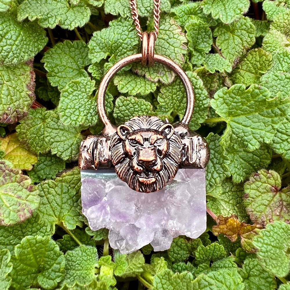 Majestic Lion Amethyst Druzy Slice Antiqued Copper Pendant Necklace EP-004-D