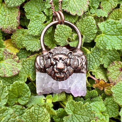 Majestic Lion Amethyst Druzy Slice Antiqued Copper Pendant Necklace EP-004-E