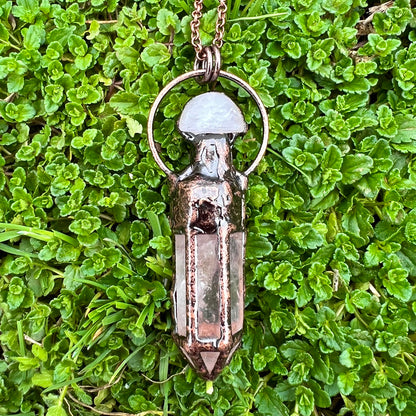 The Sun Symbol Mushroom Topped Clear Quartz Point Antiqued Copper Pendant Necklace EP-009