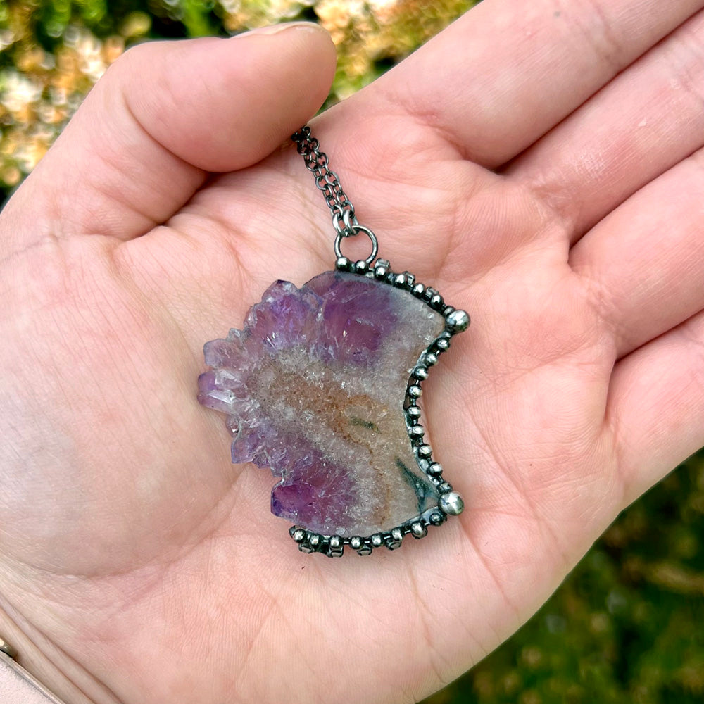 Amethyst Druzy Chunky Crescent Moon Pendant Necklace EP-011-A