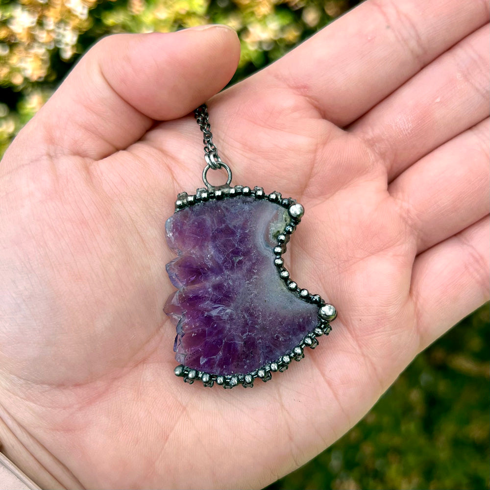Amethyst Druzy Chunky Crescent Moon Pendant Necklace EP-011-D