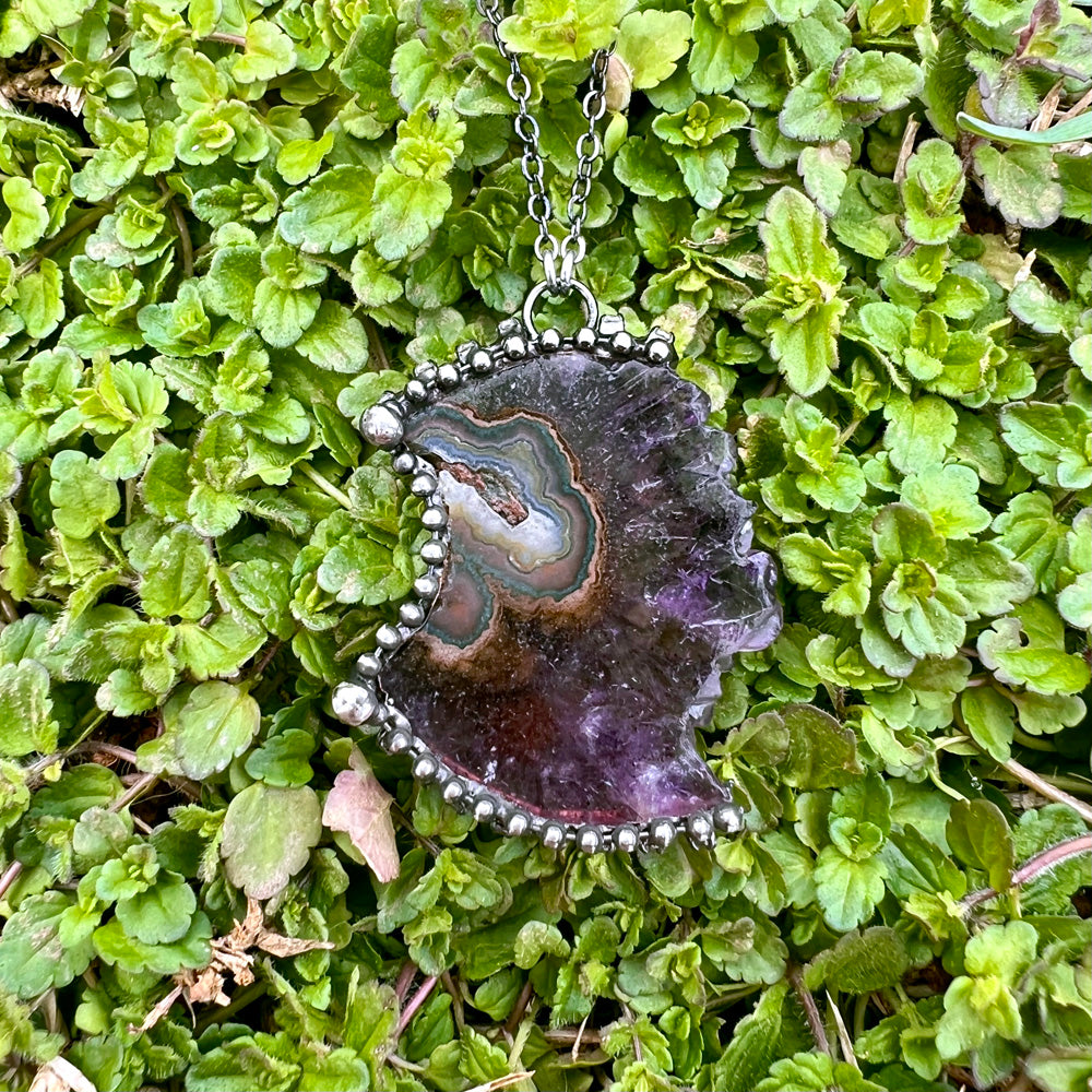 Amethyst Druzy Chunky Crescent Moon Pendant Necklace EP-011-F