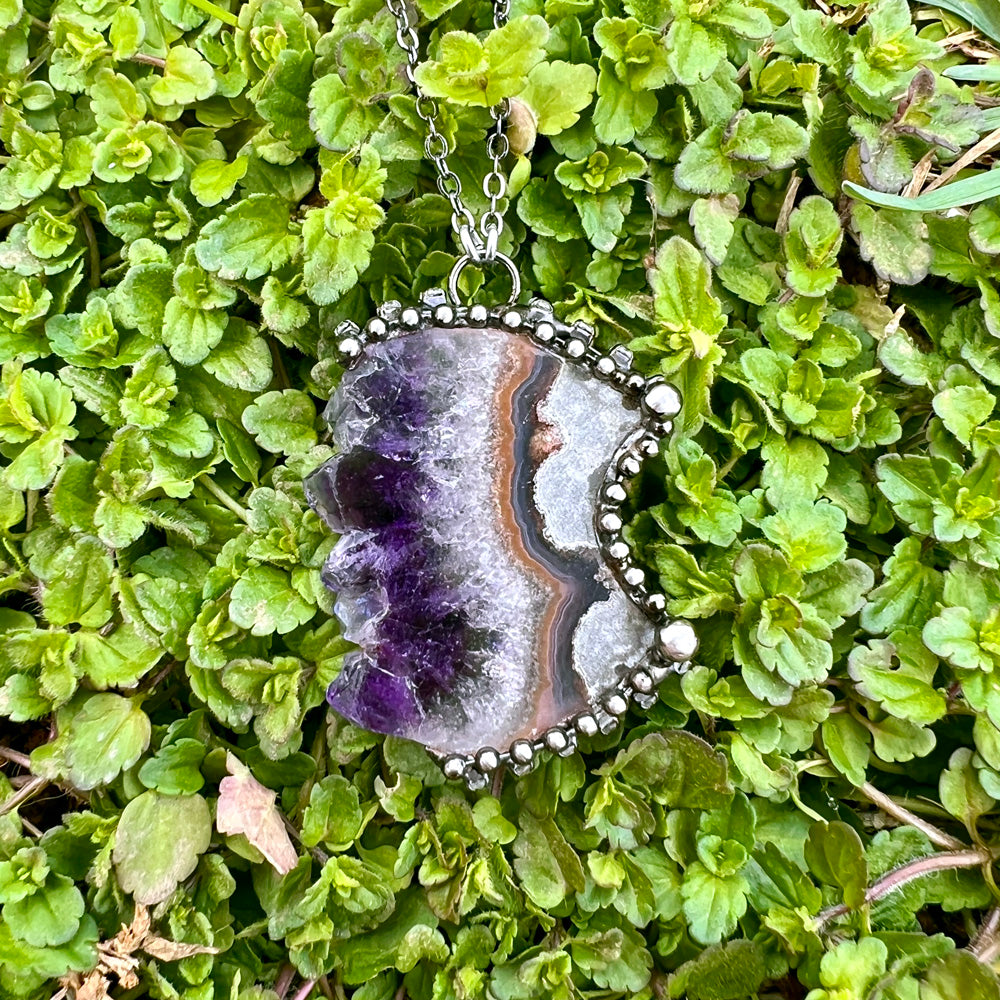 Amethyst Druzy Chunky Crescent Moon Pendant Necklace EP-011-G