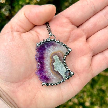 Amethyst Druzy Chunky Crescent Moon Pendant Necklace EP-011-I