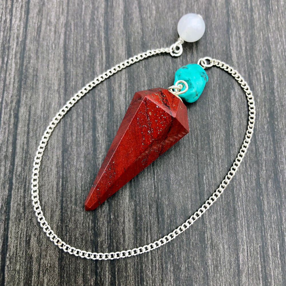 Red Jasper, Turquoise and Snow Quartz Faceted Pendulum GP-042