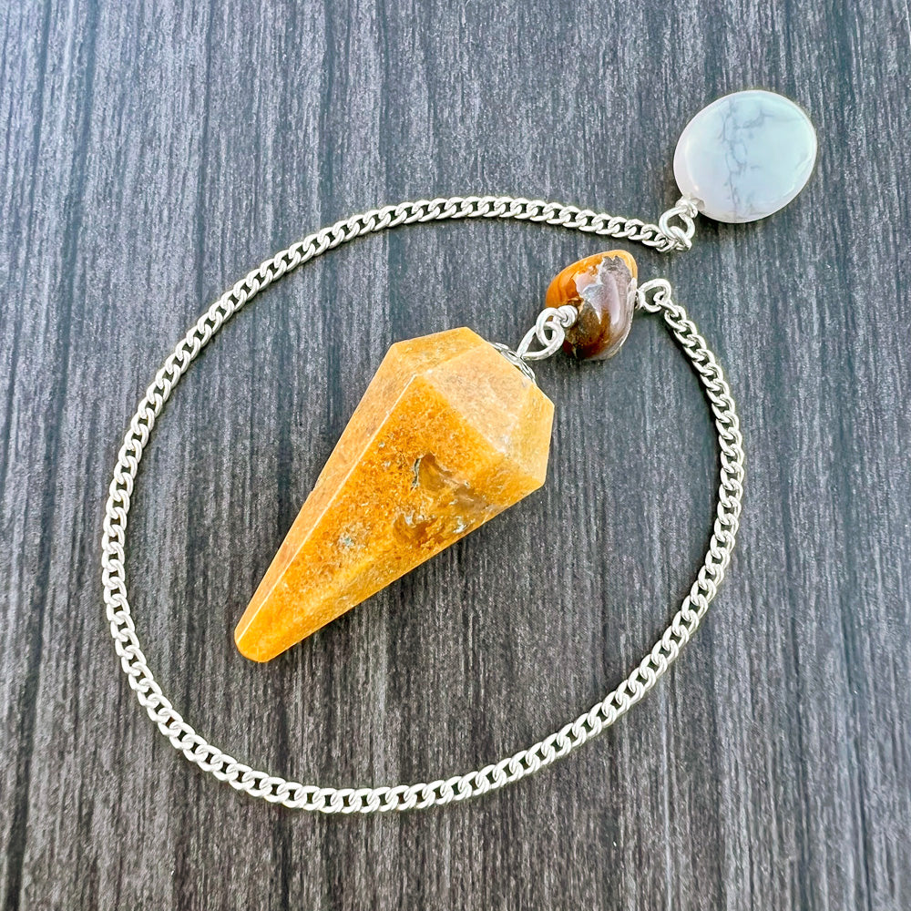 Camel Agate, Tiger's Eye and White Howlite Faceted Pendulum GP-089