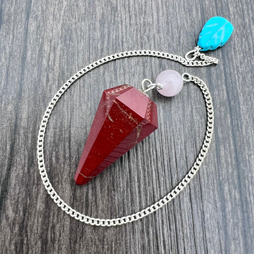 Red Jasper, Rose Quartz and Turquoise Faceted Pendulum GP-130