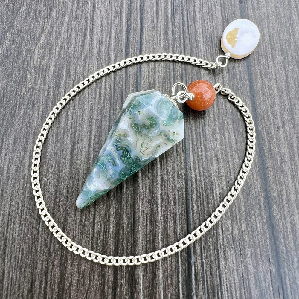 Tree Agate, Red Aventurine and Mother-of-Pearl Faceted Pendulum GP-133