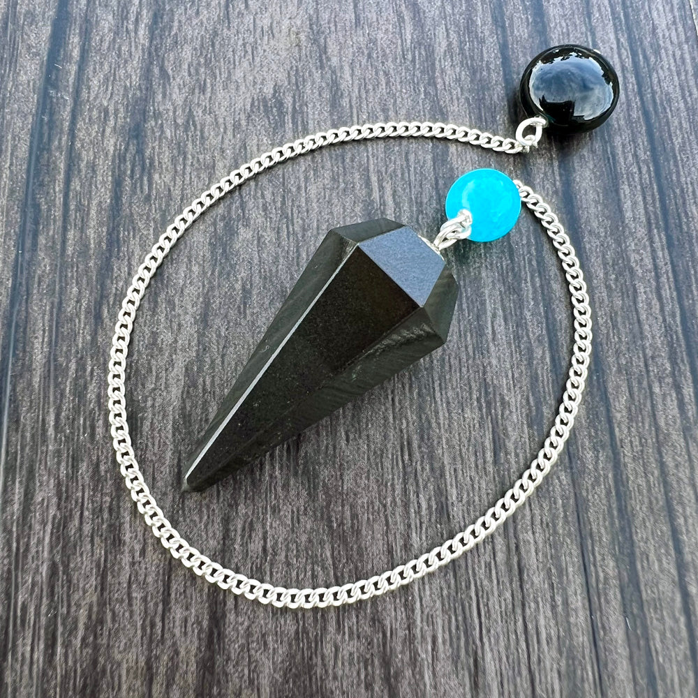 Black Agate, Amazonite and Rainbow Obsidian Faceted Pendulum GP-144