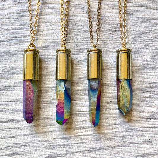 Raw Rainbow Titanium Quartz Crystal Bullet Pendant Necklace