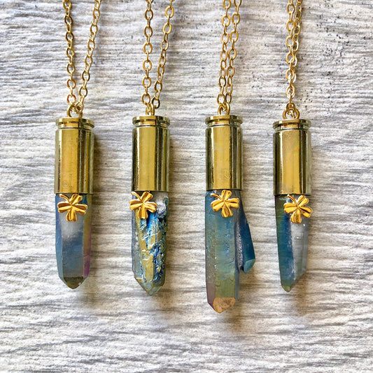 Raw Rainbow Titanium Quartz Clover Crystal Bullet Pendant Necklace