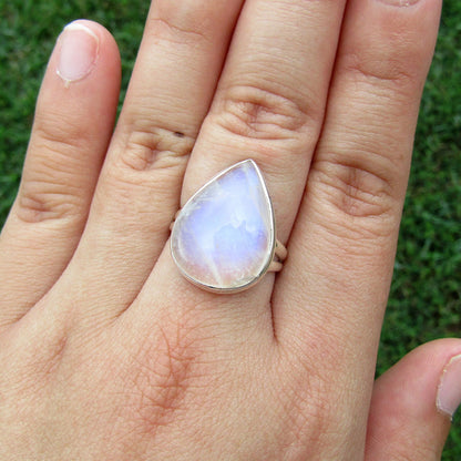 Rainbow Moonstone Teardrop Classic Sterling Silver Ring US 7.5 SS-035