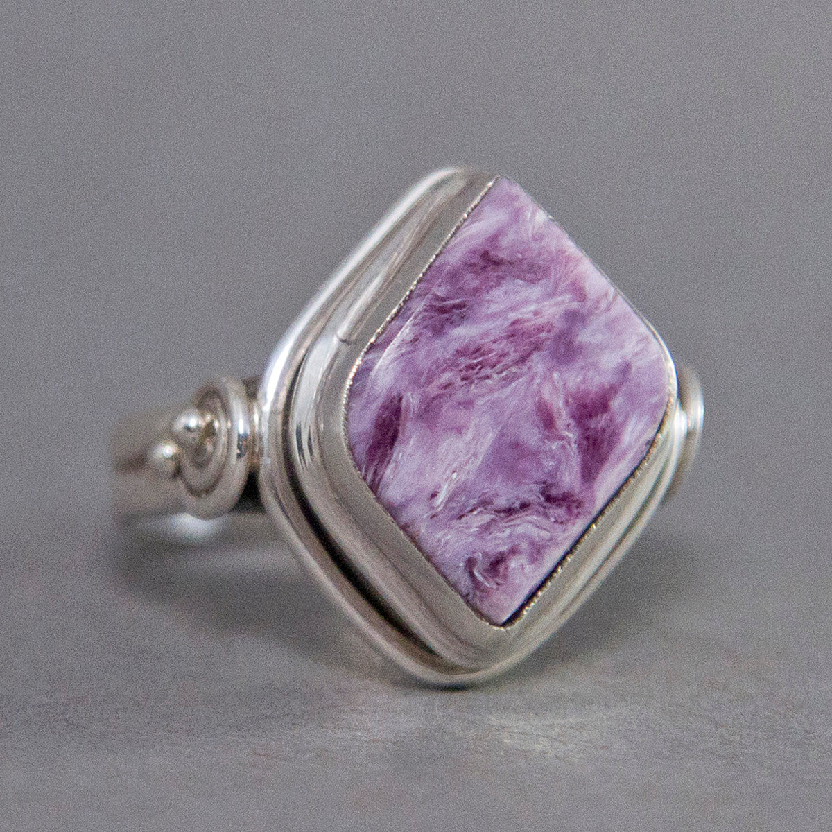 Charoite Fancy Spiral Sterling Silver Ring US 8 SS-041