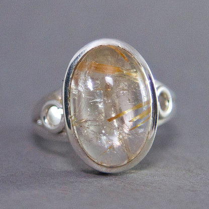 Golden Rutilated Quartz Oval Curved Sterling Silver Ring US 8.5 SS-047