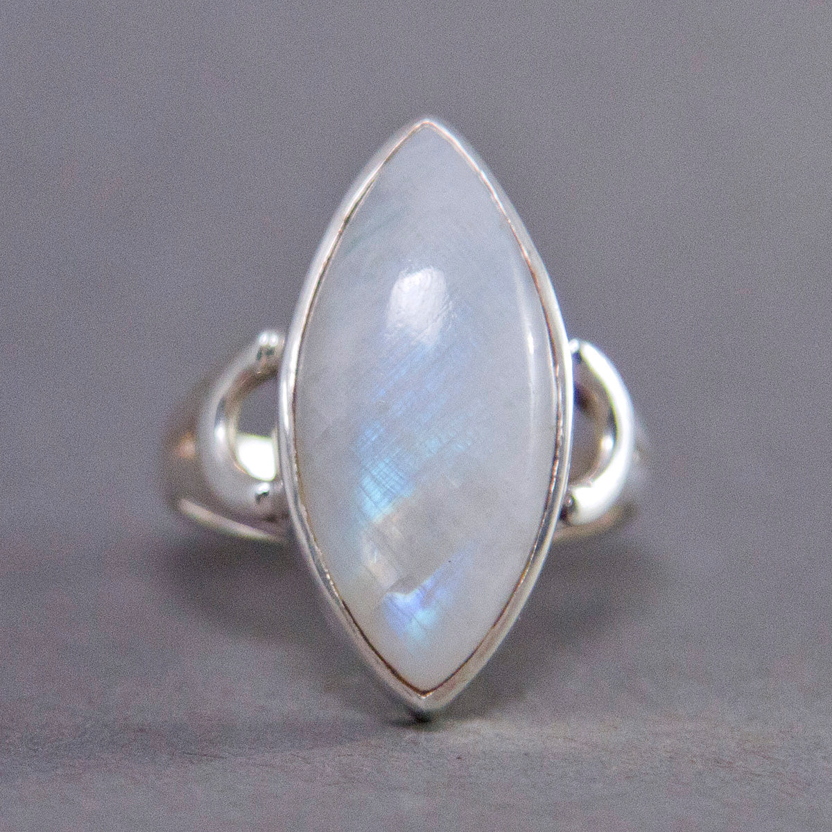 Rainbow Moonstone Marquise Curved Sterling Silver Ring US 7.5 SS-048