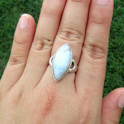 Rainbow Moonstone Marquise Curved Sterling Silver Ring US 7.5 SS-048