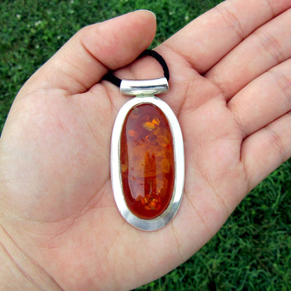 Baltic Amber Elongated Oval Omega Bold Sterling Silver Pendant DP-005