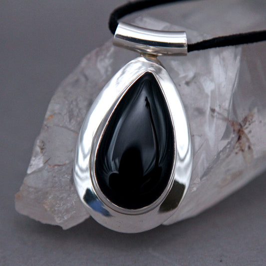 Black Onyx Teardrop Omega Bold Sterling Silver Pendant DP-007