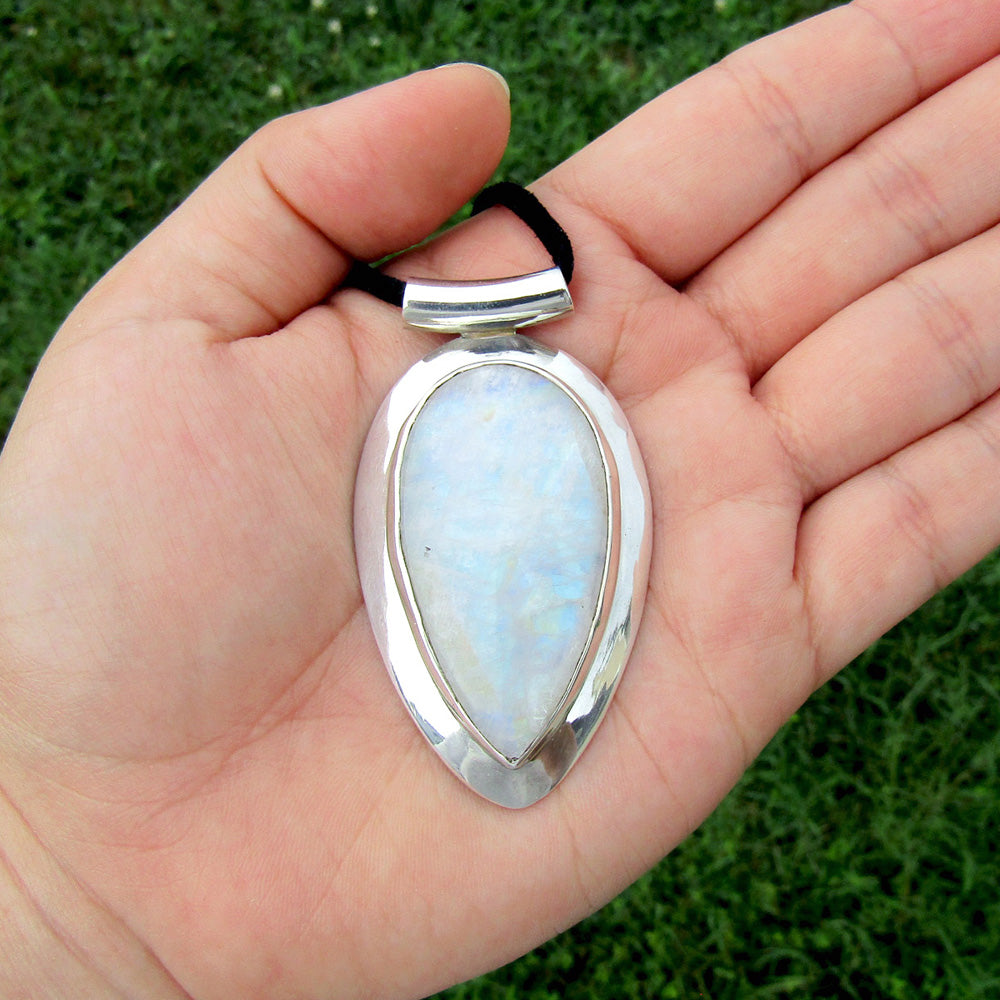 Rainbow Moonstone Large Pear Omega Bold Sterling Silver Pendant DP-008