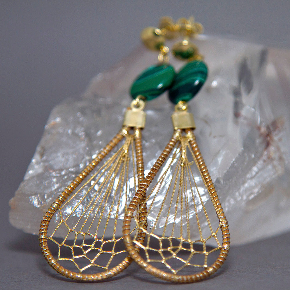 Malachite Teardrop Dreamcatcher Golden Grass Earrings GG-002