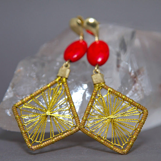 Red Howlite Diamond Starburst Golden Grass Earrings GG-003