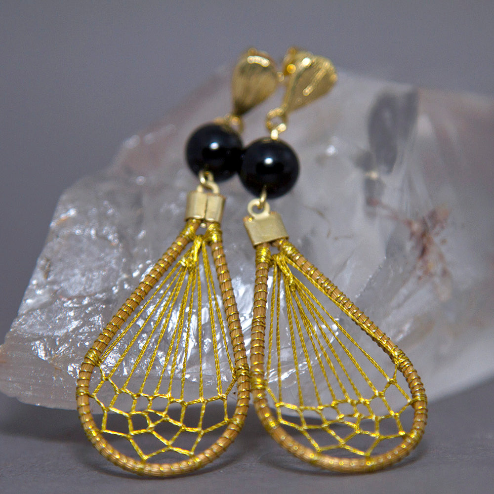Black Onyx Teardrop Dreamcatcher Golden Grass Earrings GG-005