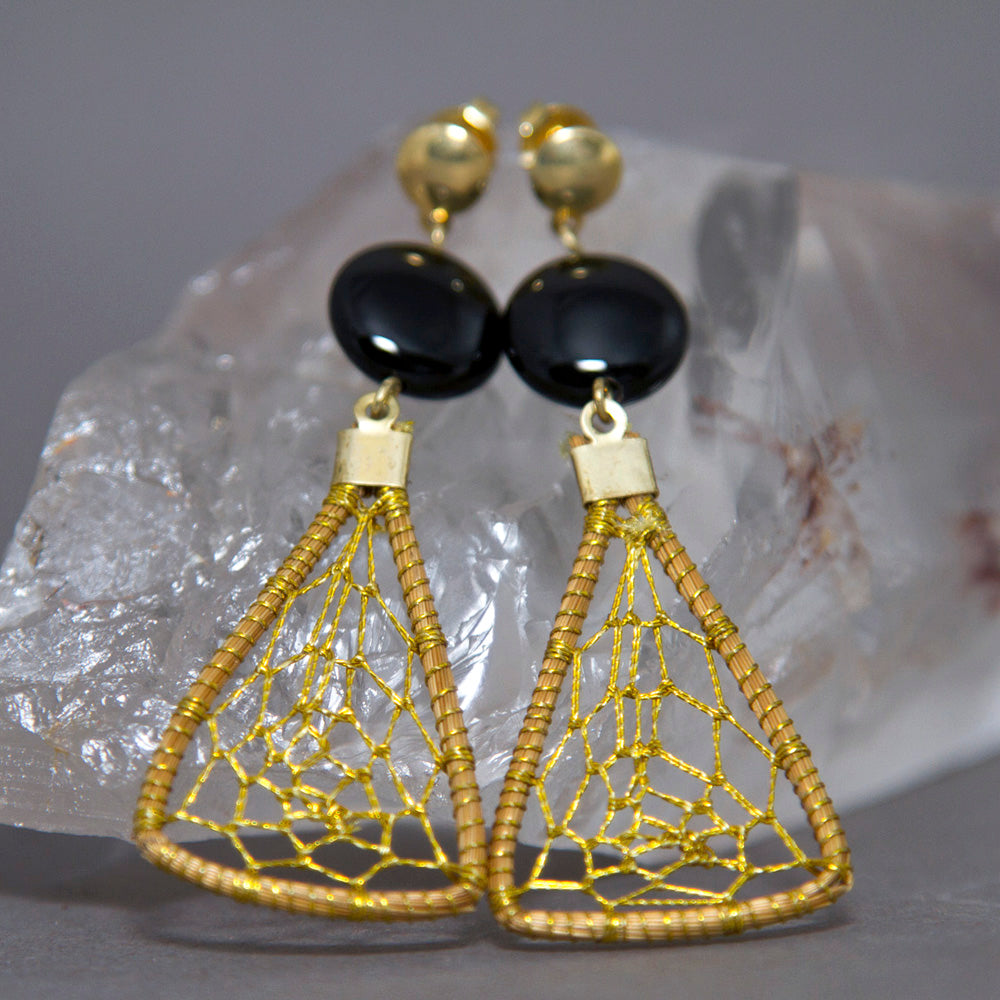 Black Onyx Triangular Dreamcatcher Golden Grass Earrings GG-010