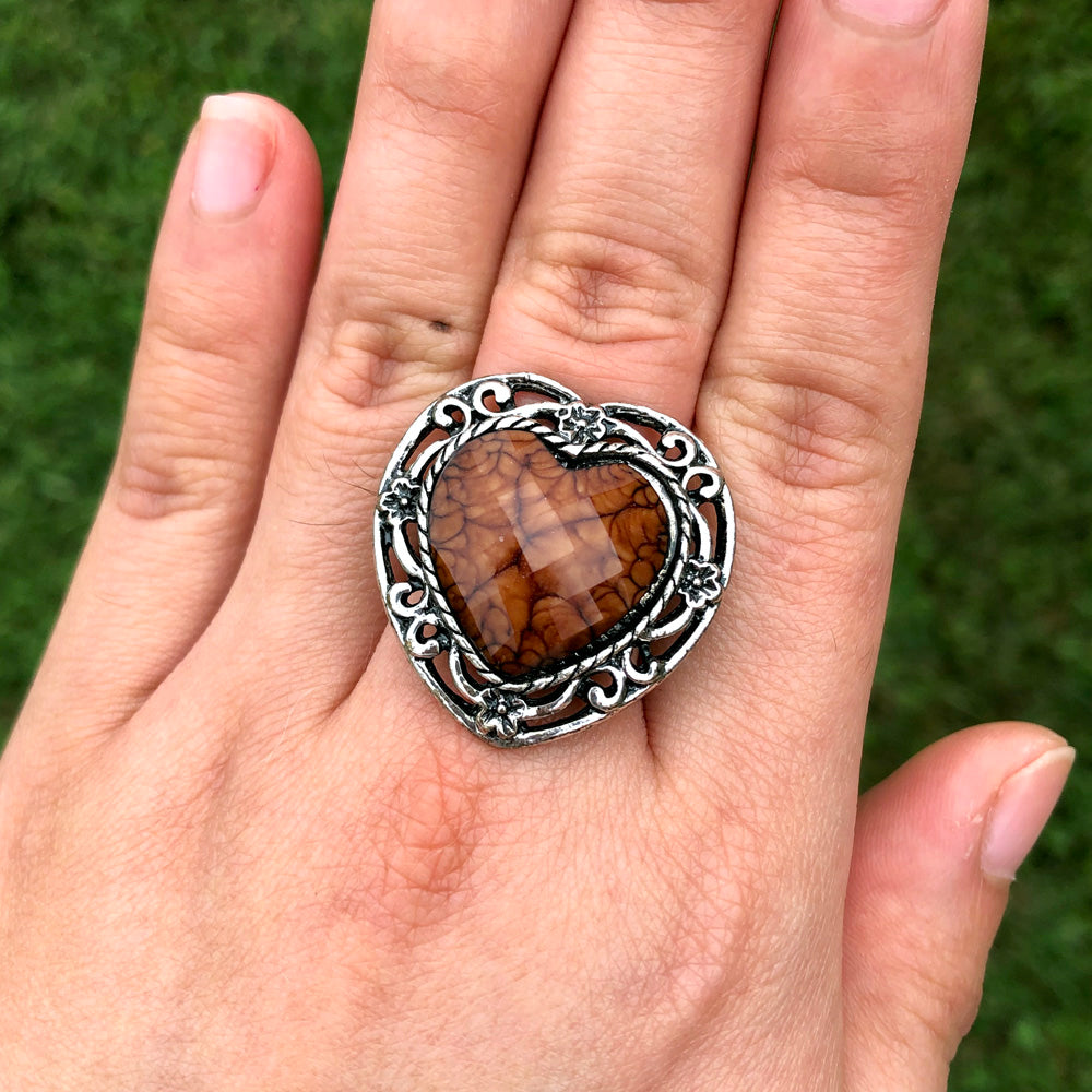 Afghan Kuchi Ornate Heart Brown Agate Ring Adjustable KJ-007