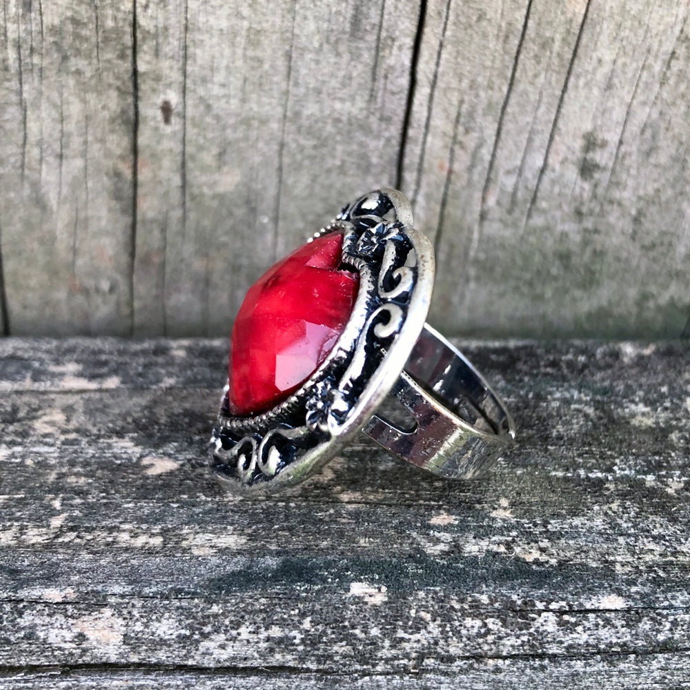 Afghan Kuchi Ornate Heart Red Agate Ring Adjustable KJ-008