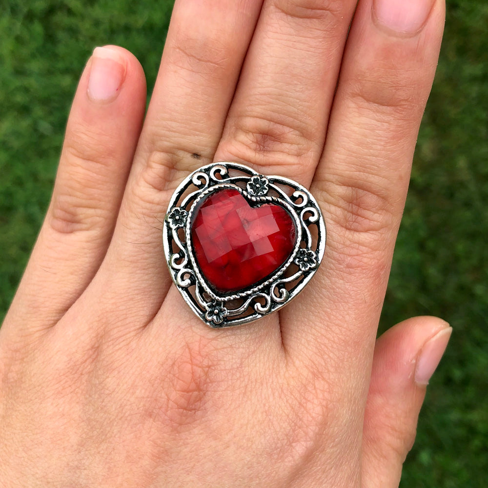 Afghan Kuchi Ornate Heart Red Agate Ring Adjustable KJ-008
