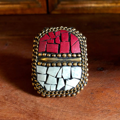 Afghan Kuchi Beaded Boho Brass Coral and Turquoise Statement Ring Adjustable KJ-022