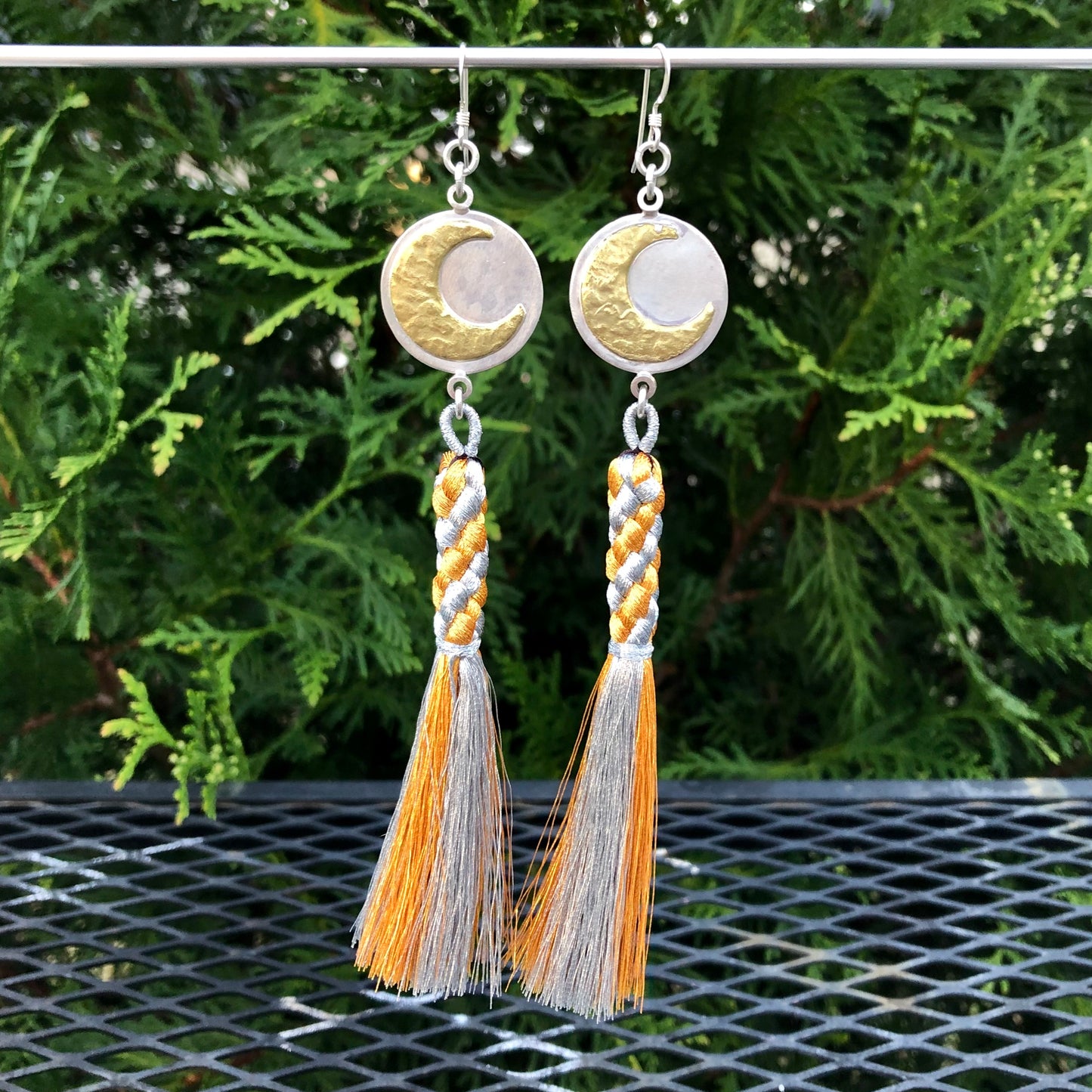 Crescent Moon Gold and Silver Tassel Earrings