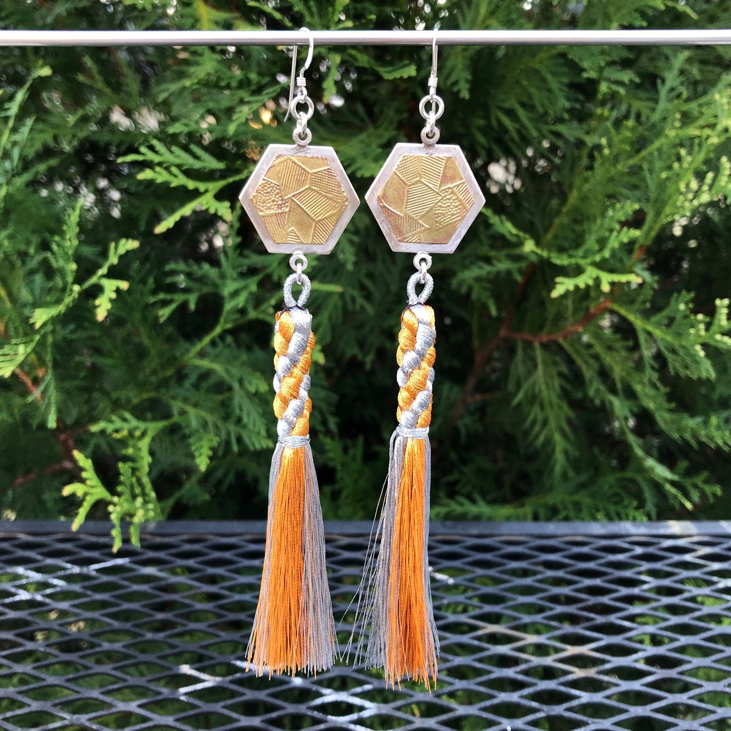 Honeycomb Hexagon Gold and Silver Tassel Earrings
