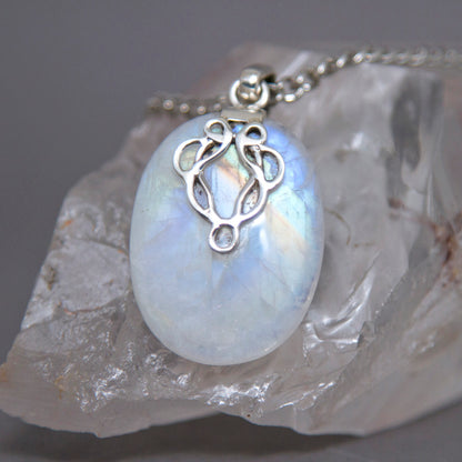Rainbow Moonstone Oval Celtic Inspired Knot Sterling Silver Pendant SP-002