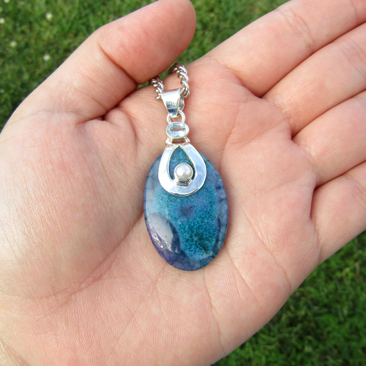 Dragon Vein Agate Oval Pearl Aquamarine Sterling Silver Pendant SP-003