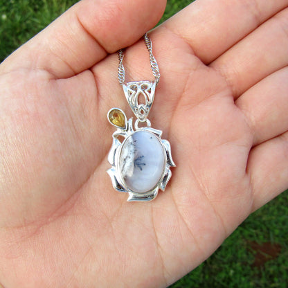 Dendritic Opal Oval Floral Citrine Sterling Silver Pendant SP-009