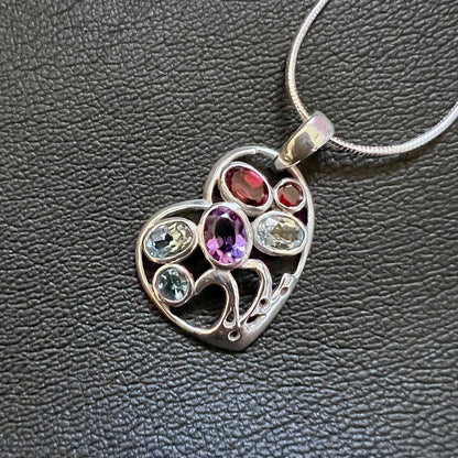 Multi-Gemstone Whimsical Heart Sterling Silver Pendant SP-015-AM