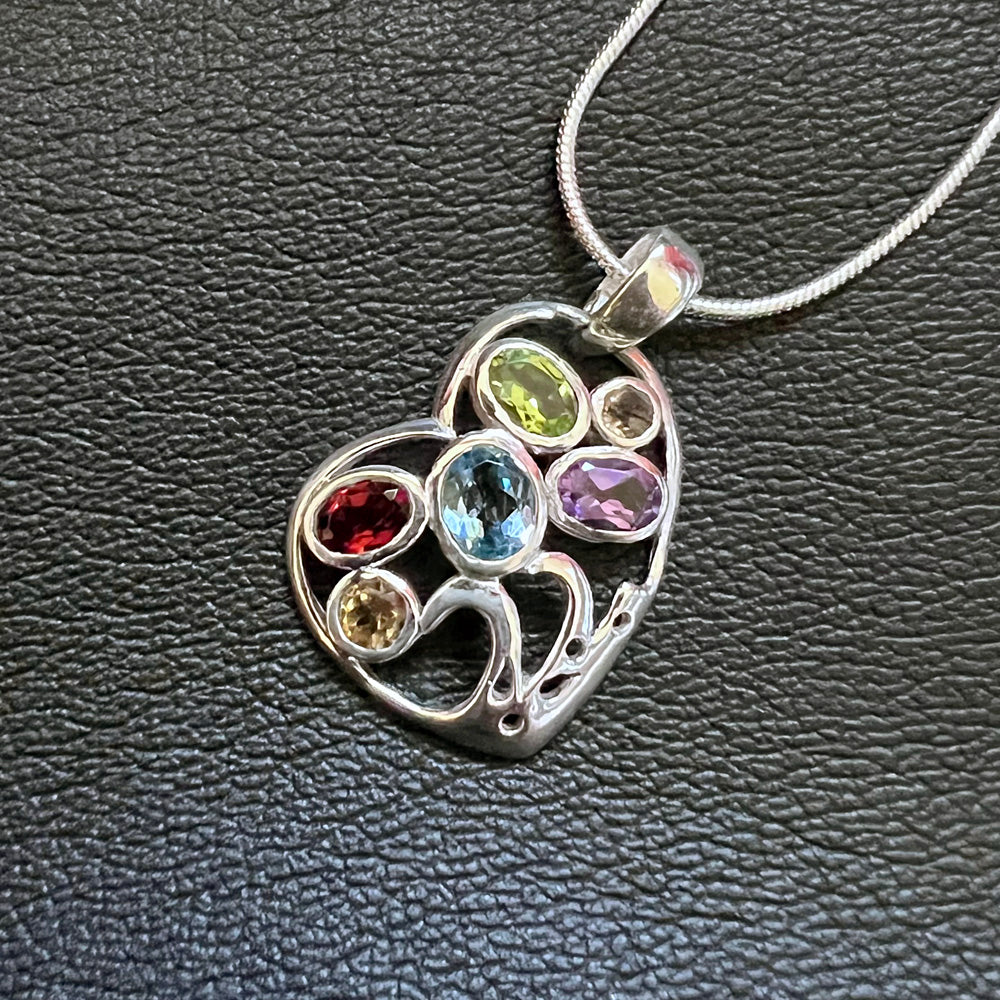 Multi-Gemstone Whimsical Heart Sterling Silver Pendant SP-015-BT