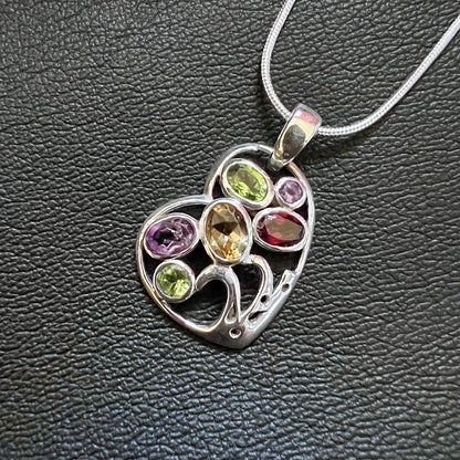 Multi-Gemstone Whimsical Heart Sterling Silver Pendant SP-015-CT