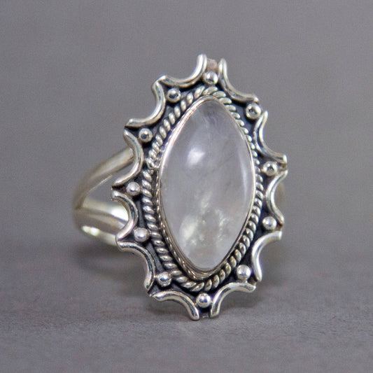 Rainbow Moonstone Marquise Starburst Sterling Silver Ring US 9 SS-010